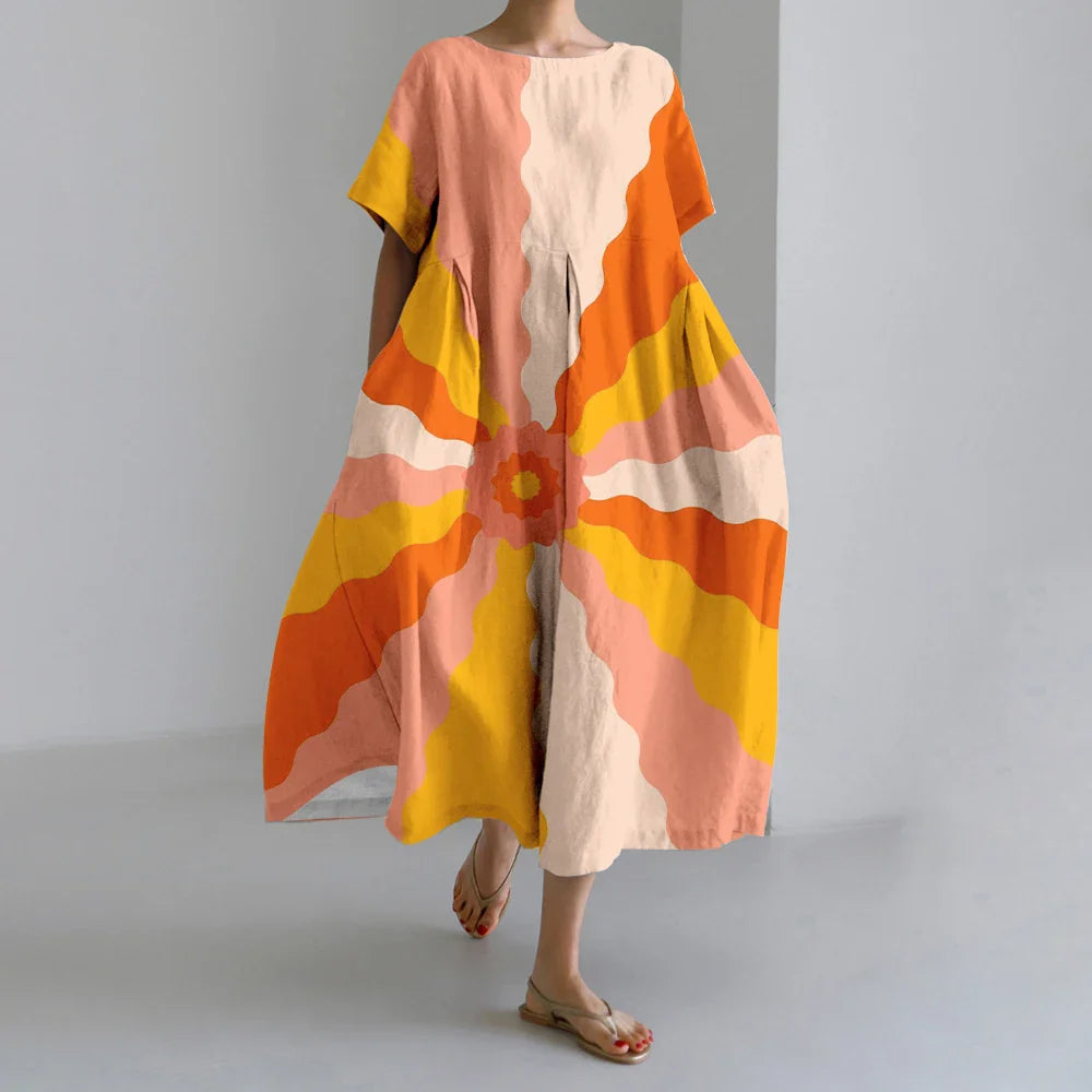 KL | Nuevo Verano Vestidos de Mujer Exquisito Elegante Cuello Redondo Manga Corta Largo Rosa de Puntos Irregular Impreso Cómodo Vestido Midi