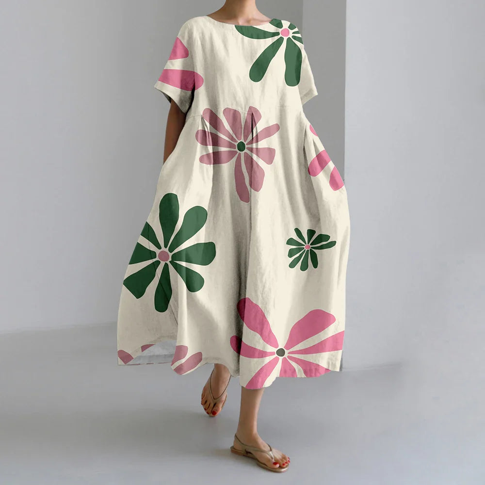 KL | Nuevo Verano Vestidos de Mujer Exquisito Elegante Cuello Redondo Manga Corta Largo Rosa de Puntos Irregular Impreso Cómodo Vestido Midi