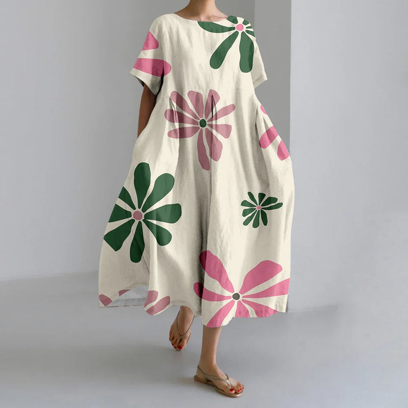 KL | Nuevo Verano Vestidos de Mujer Exquisito Elegante Cuello Redondo Manga Corta Largo Rosa de Puntos Irregular Impreso Cómodo Vestido Midi