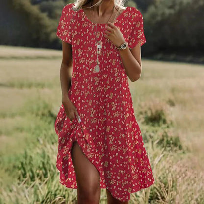 KL | Verano Bohemio Vestidos para Mujeres Cuello en V Manga Corta Estampado de Flores Vestido de Playa de Vacaciones Mujeres Maxi Vestidos Boho