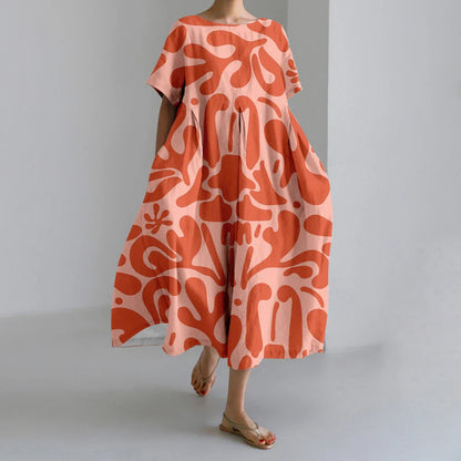 KL | Nuevo Verano Vestidos de Mujer Exquisito Elegante Cuello Redondo Manga Corta Largo Rosa de Puntos Irregular Impreso Cómodo Vestido Midi