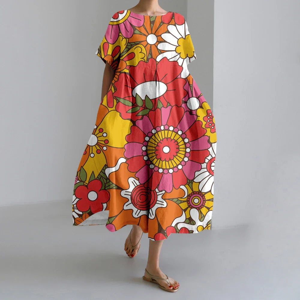 KL | Nuevo Verano Vestidos de Mujer Exquisito Elegante Cuello Redondo Manga Corta Largo Rosa de Puntos Irregular Impreso Cómodo Vestido Midi