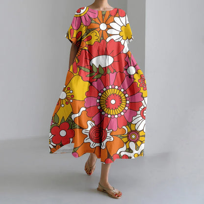 KL | Nuevo Verano Vestidos de Mujer Exquisito Elegante Cuello Redondo Manga Corta Largo Rosa de Puntos Irregular Impreso Cómodo Vestido Midi