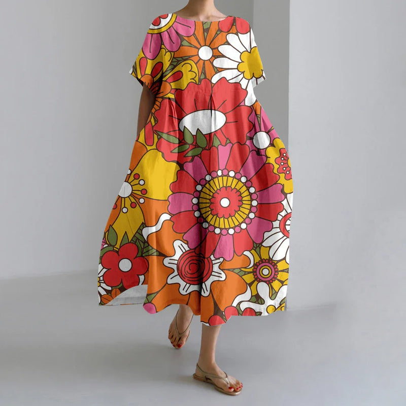 KL | Nuevo Verano Vestidos de Mujer Exquisito Elegante Cuello Redondo Manga Corta Largo Rosa de Puntos Irregular Impreso Cómodo Vestido Midi