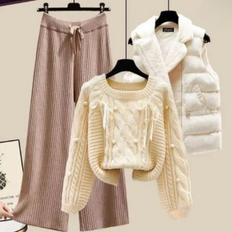 CM | Chaqueta chaleco de señora de tres piezas, jersey suelto y pantalón ancho