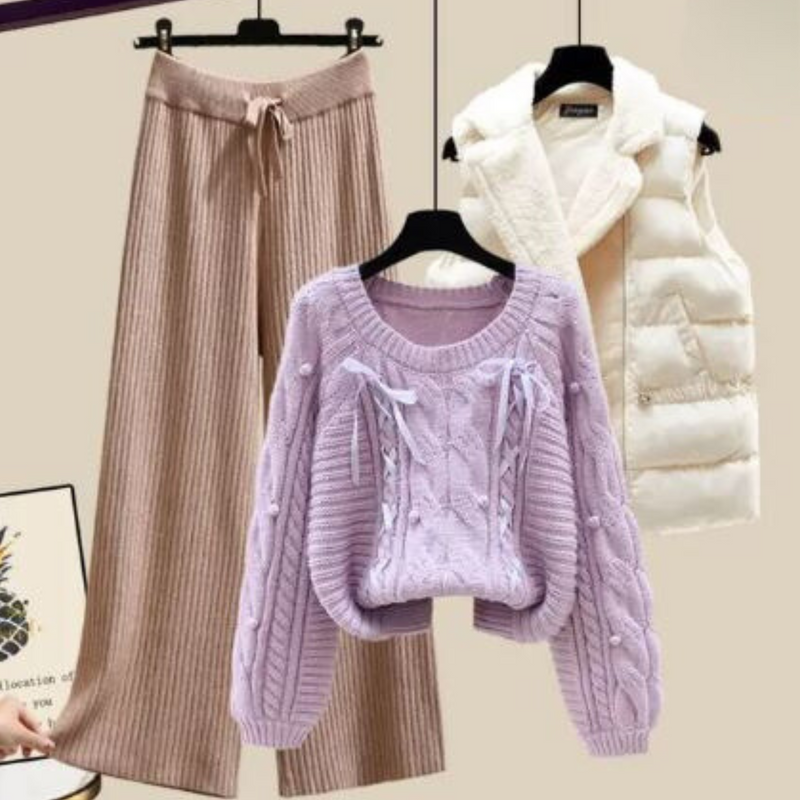 CM | Chaqueta chaleco de señora de tres piezas, jersey suelto y pantalón ancho