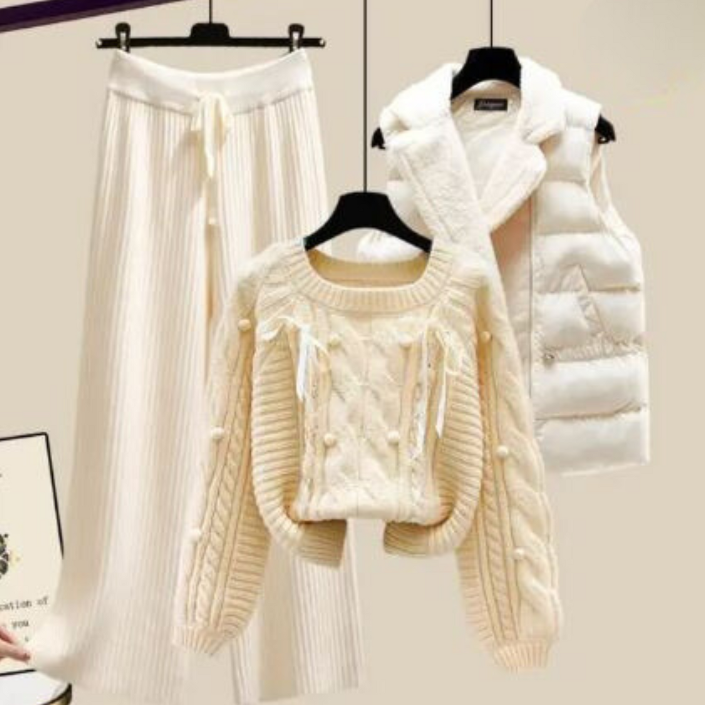 CM | Chaqueta chaleco de señora de tres piezas, jersey suelto y pantalón ancho