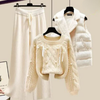 CM | Chaqueta chaleco de señora de tres piezas, jersey suelto y pantalón ancho