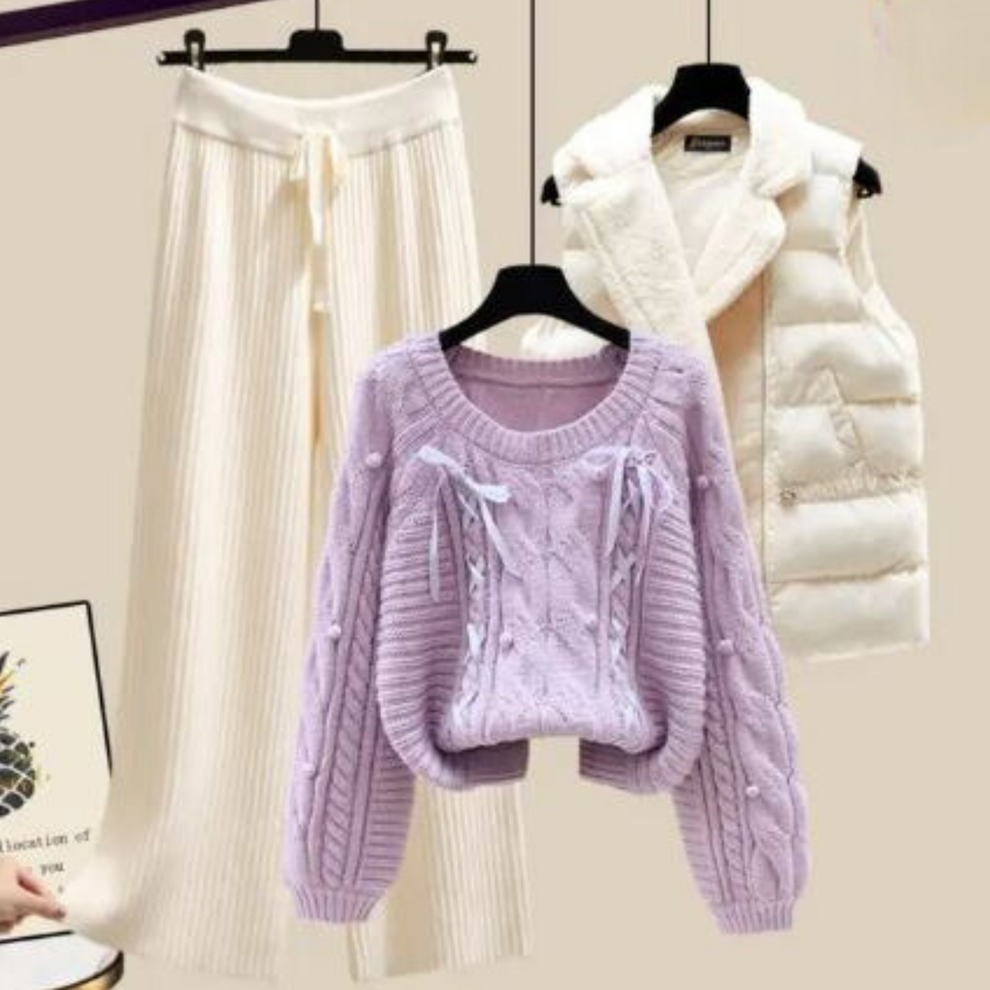 CM | Chaqueta chaleco de señora de tres piezas, jersey suelto y pantalón ancho