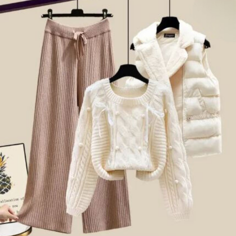 CM | Chaqueta chaleco de señora de tres piezas, jersey suelto y pantalón ancho