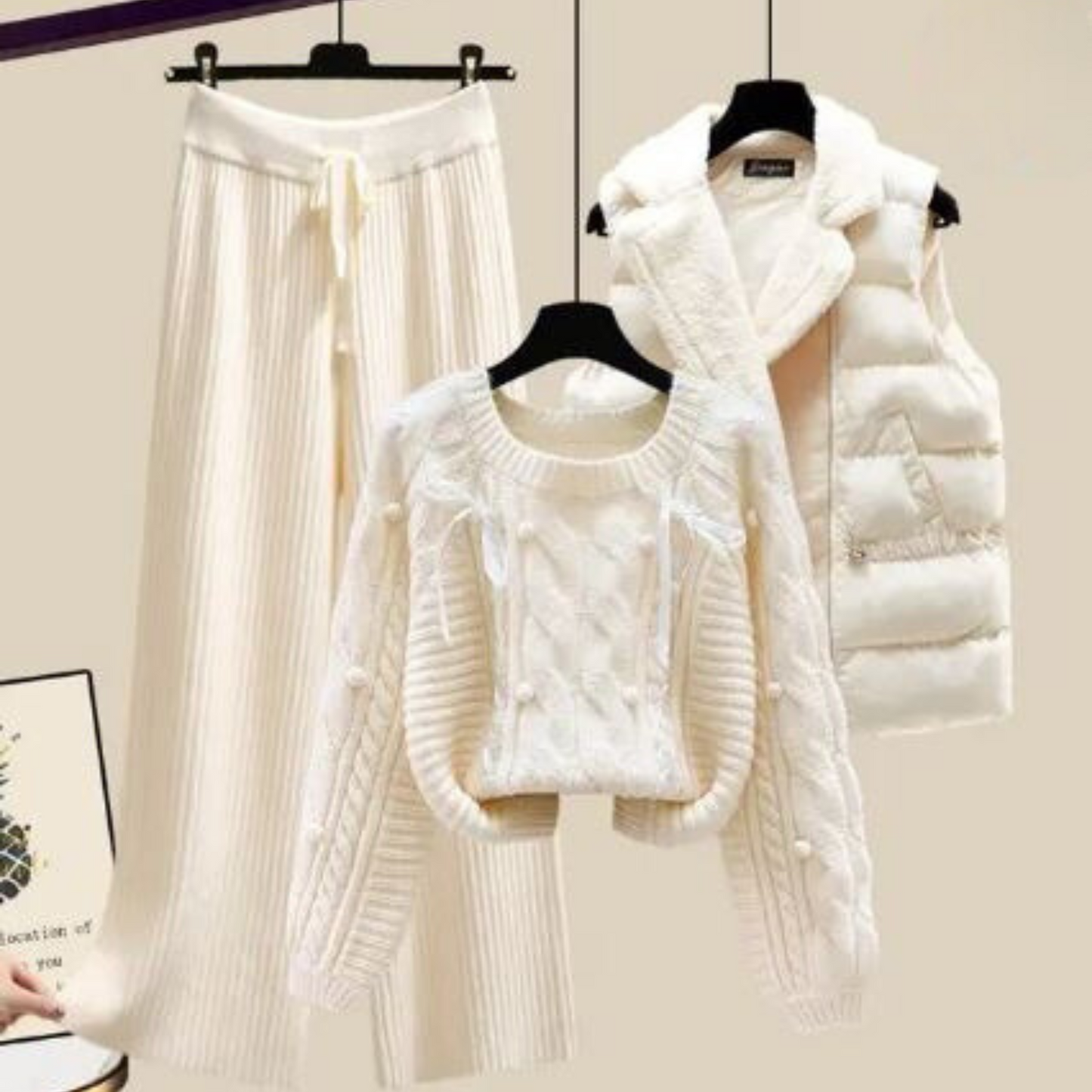 CM | Chaqueta chaleco de señora de tres piezas, jersey suelto y pantalón ancho