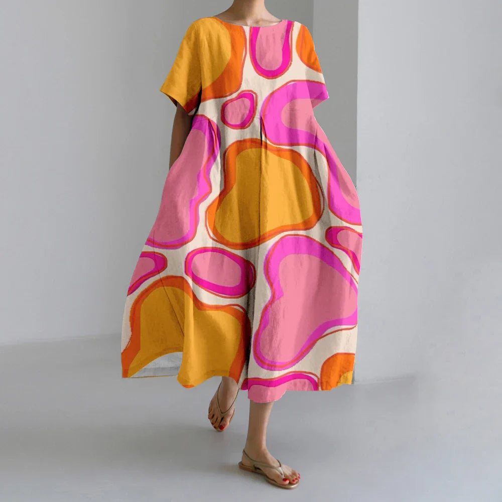 KL | Nuevo Verano Vestidos de Mujer Exquisito Elegante Cuello Redondo Manga Corta Largo Rosa de Puntos Irregular Impreso Cómodo Vestido Midi