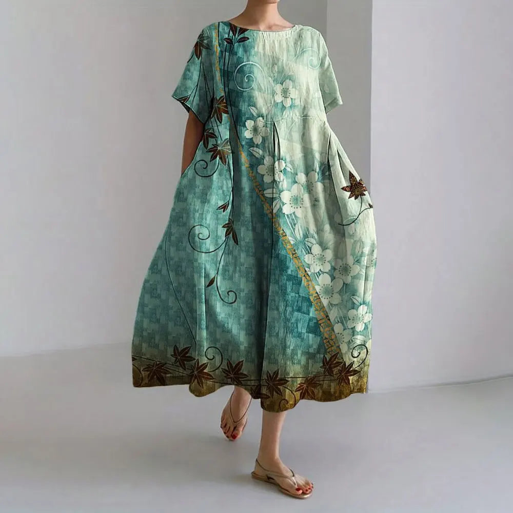 KL | Plus-Size Vestido de verano holgado con bolsillo y cuello en O Elegante vestido maxi de verano