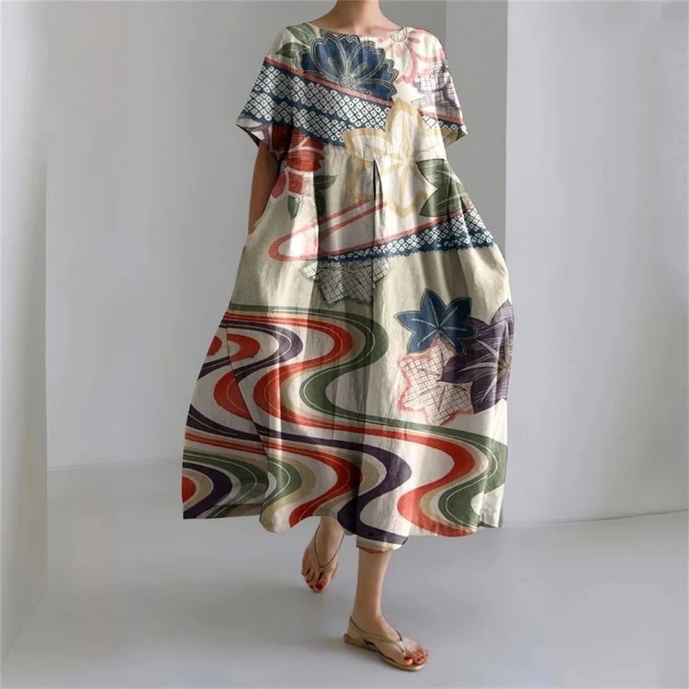 KL | Plus-Size Vestido de verano holgado con bolsillo y cuello en O Elegante vestido maxi de verano