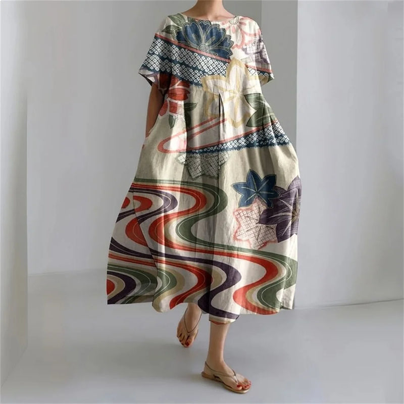 KL | Plus-Size Vestido de verano holgado con bolsillo y cuello en O Elegante vestido maxi de verano