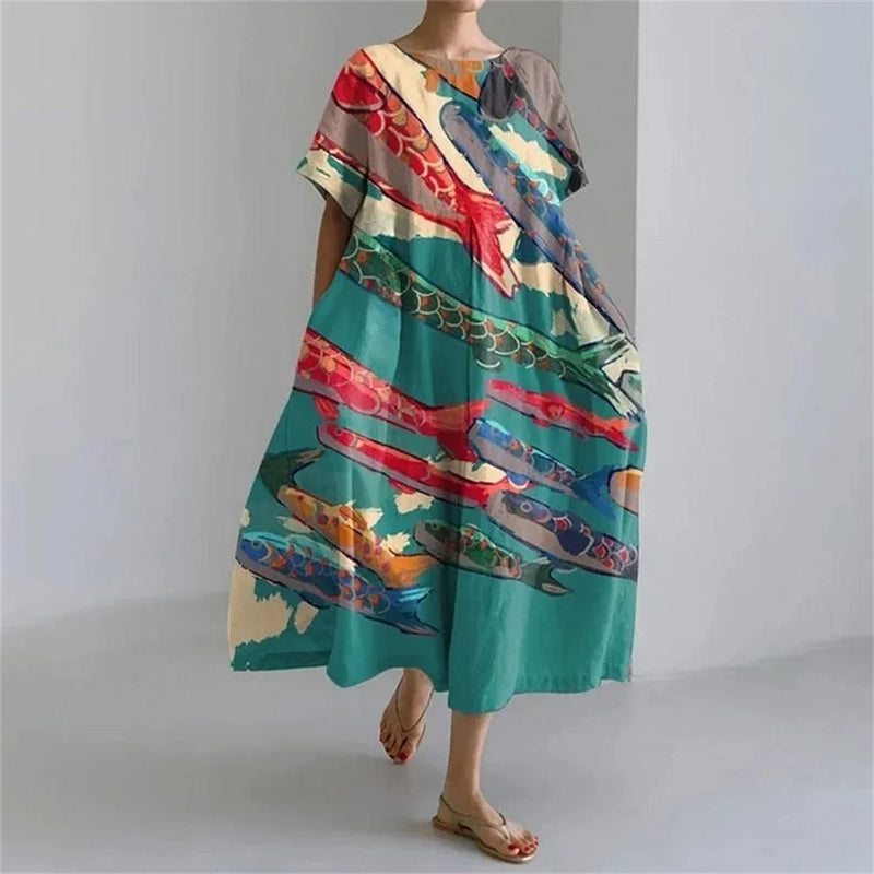 KL | Plus-Size Vestido de verano holgado con bolsillo y cuello en O Elegante vestido maxi de verano