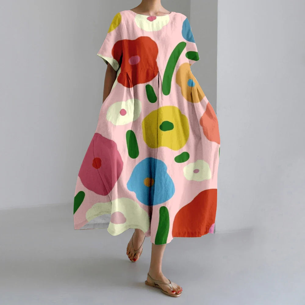 KL | Nuevo Verano Vestidos de Mujer Exquisito Elegante Cuello Redondo Manga Corta Largo Rosa de Puntos Irregular Impreso Cómodo Vestido Midi