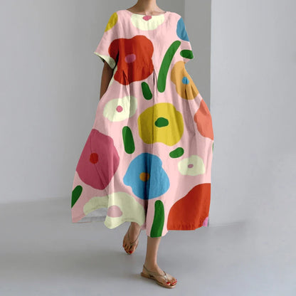 KL | Nuevo Verano Vestidos de Mujer Exquisito Elegante Cuello Redondo Manga Corta Largo Rosa de Puntos Irregular Impreso Cómodo Vestido Midi