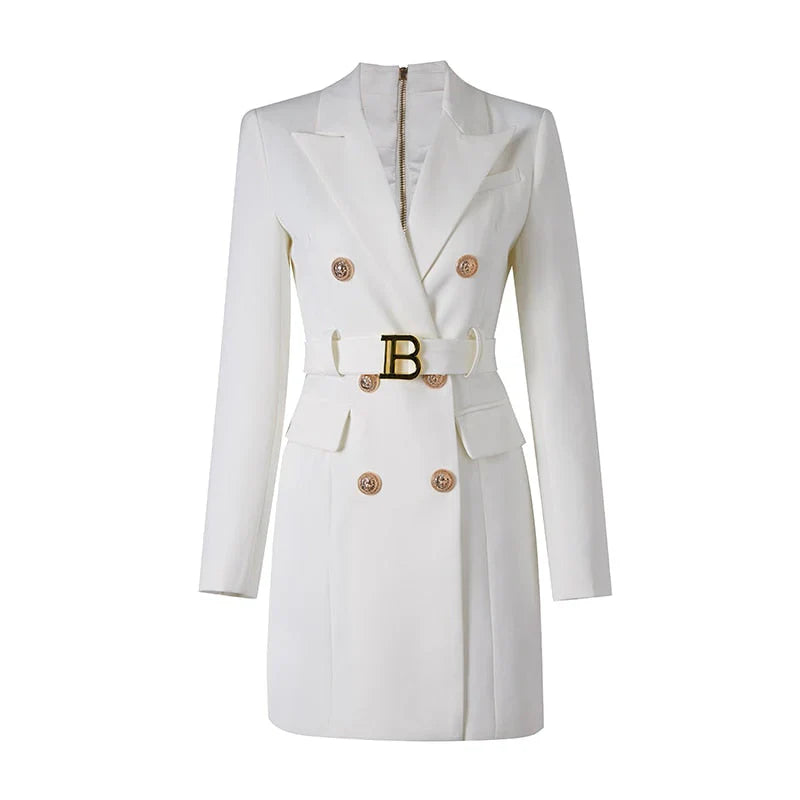 CM | Vestido blazer clásico para la oficina con cinturón y botones de lujo