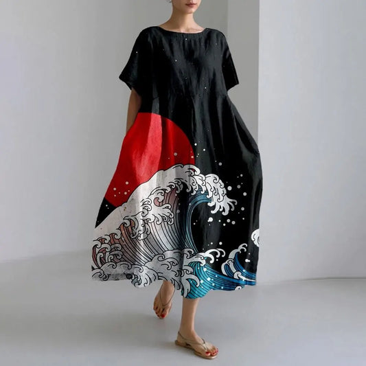 KL | Plus-Size Vestido de verano holgado con bolsillo y cuello en O Elegante vestido maxi de verano