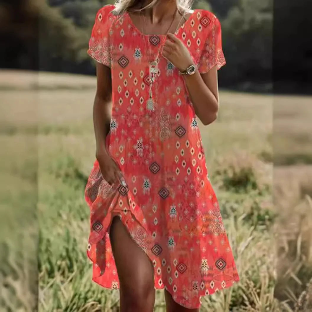 KL | Verano Bohemio Vestidos para Mujeres Cuello en V Manga Corta Estampado de Flores Vestido de Playa de Vacaciones Mujeres Maxi Vestidos Boho