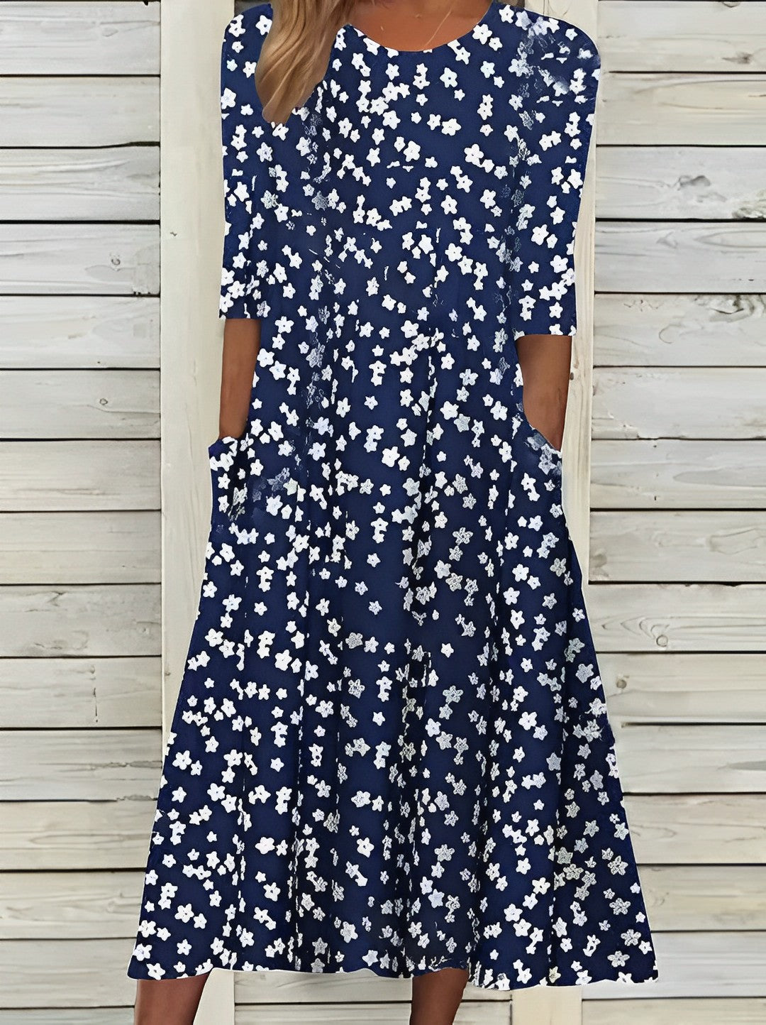 KL | Vestido midi estampado con escote redondo y bolsillos