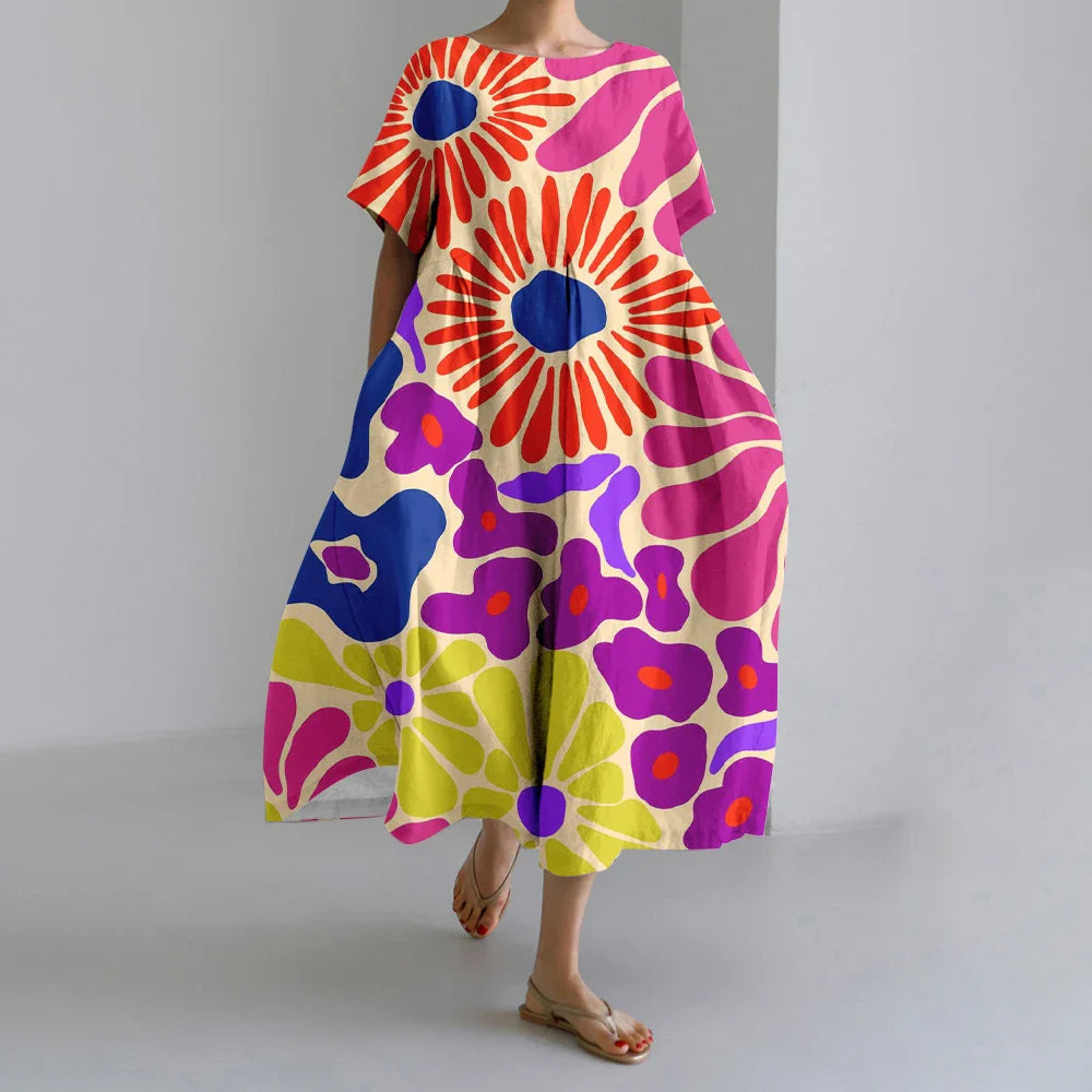 KL | Nuevo Verano Vestidos de Mujer Exquisito Elegante Cuello Redondo Manga Corta Largo Rosa de Puntos Irregular Impreso Cómodo Vestido Midi