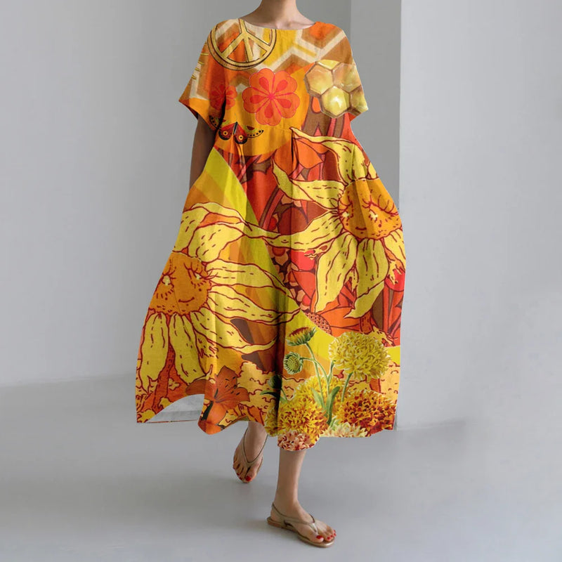 KL | Nuevo Verano Vestidos de Mujer Exquisito Elegante Cuello Redondo Manga Corta Largo Rosa de Puntos Irregular Impreso Cómodo Vestido Midi