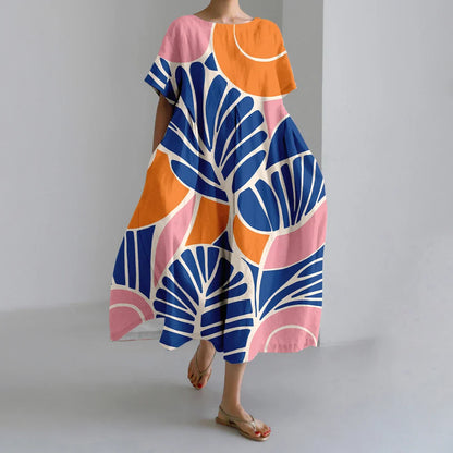 KL | Nuevo Verano Vestidos de Mujer Exquisito Elegante Cuello Redondo Manga Corta Largo Rosa de Puntos Irregular Impreso Cómodo Vestido Midi