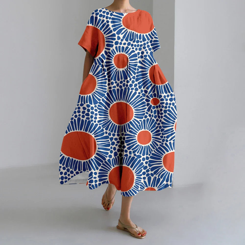 KL | Nuevo Verano Vestidos de Mujer Exquisito Elegante Cuello Redondo Manga Corta Largo Rosa de Puntos Irregular Impreso Cómodo Vestido Midi