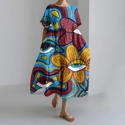 KL | Nuevo Verano Vestidos de Mujer Exquisito Elegante Cuello Redondo Manga Corta Largo Rosa de Puntos Irregular Impreso Cómodo Vestido Midi