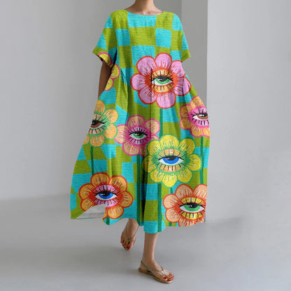 KL | Nuevo Verano Vestidos de Mujer Exquisito Elegante Cuello Redondo Manga Corta Largo Rosa de Puntos Irregular Impreso Cómodo Vestido Midi