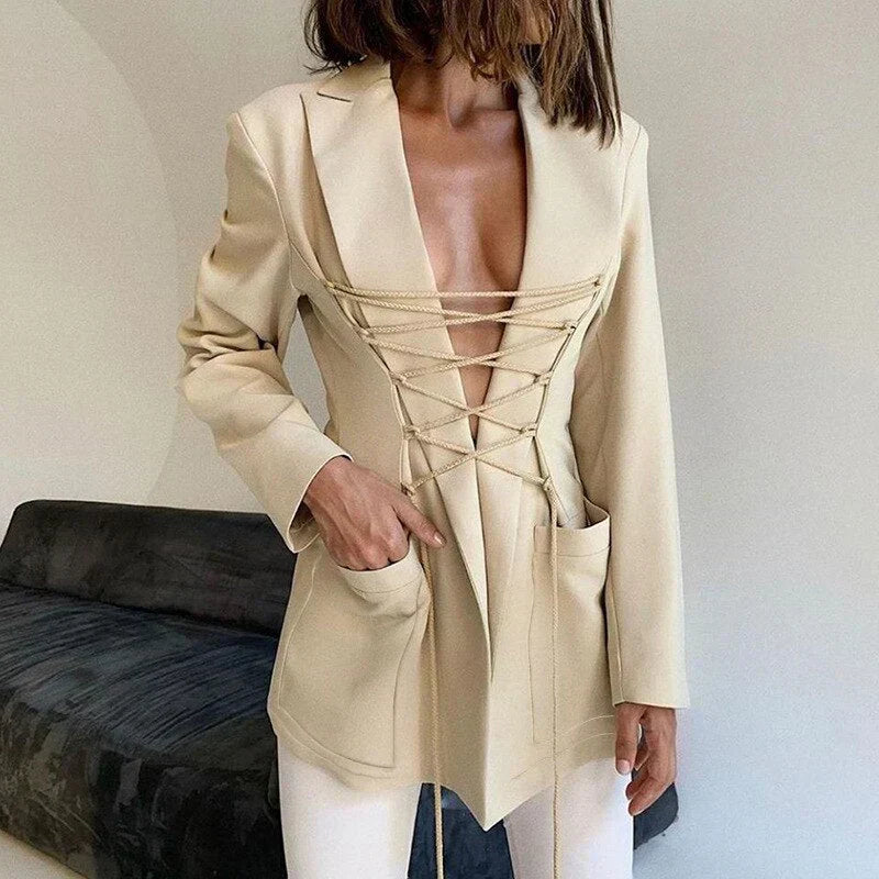 CM | encaje blazer manga bolsillos chaqueta delgada