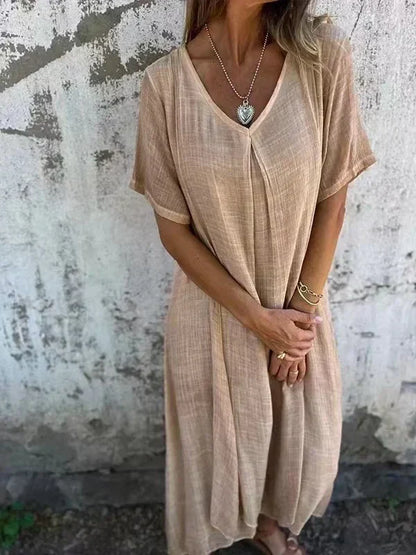 KL | Vestido midi de algodón y lino con escote en V