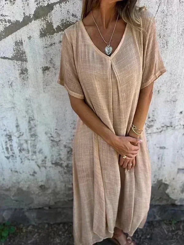 KL | Vestido midi de algodón y lino con escote en V
