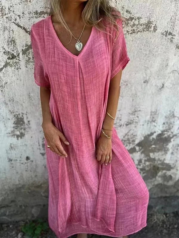 KL | Vestido midi de algodón y lino con escote en V