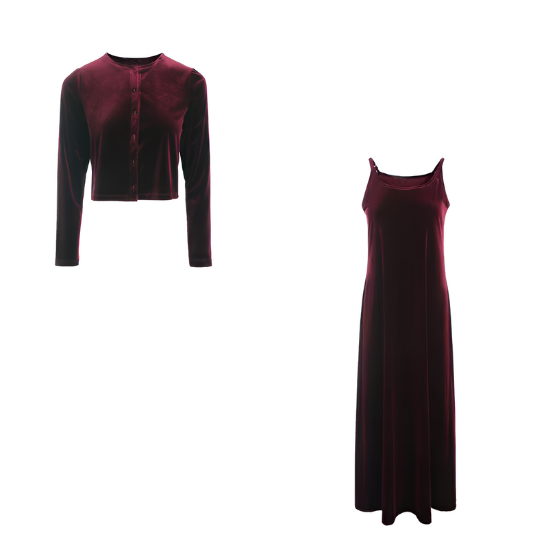 CM | Elegante conjunto de chaleco de terciopelo y vestido con cinturón