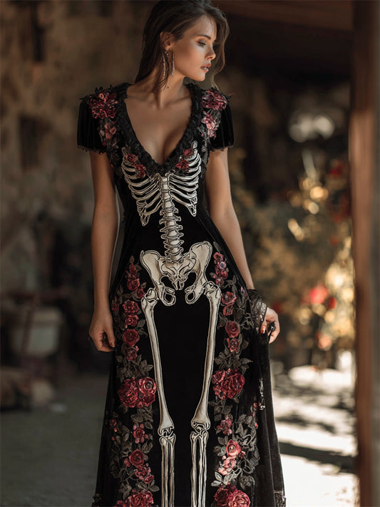 Comstylish Vintage Red Roses Skeleton Anatomy Maxi Dress