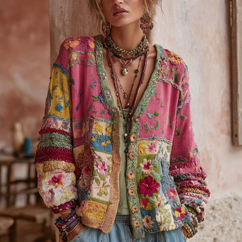 Women's Vintage Bohemian Floral Embroidery Patchwork Art V Neck Cardigan Sweater artswardrobe
