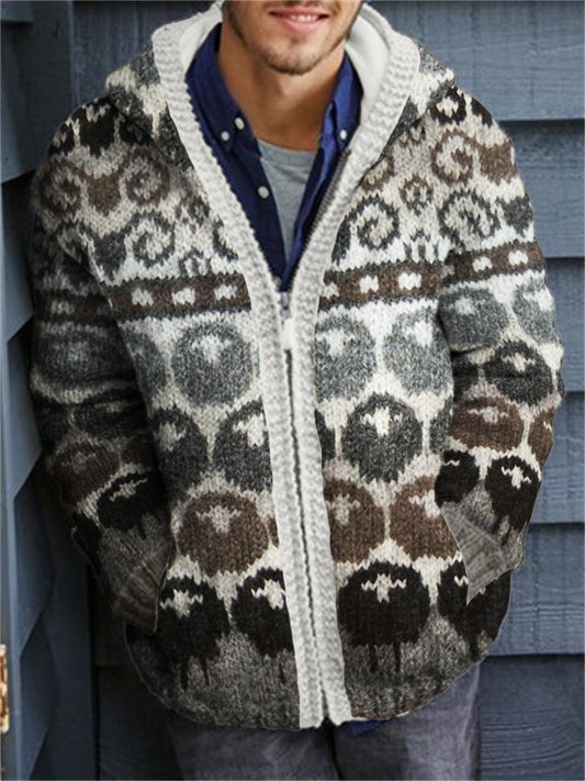 Men's Vintage Sheep Icelandic Cozy Knit Hooded Cardigan elevenforest
