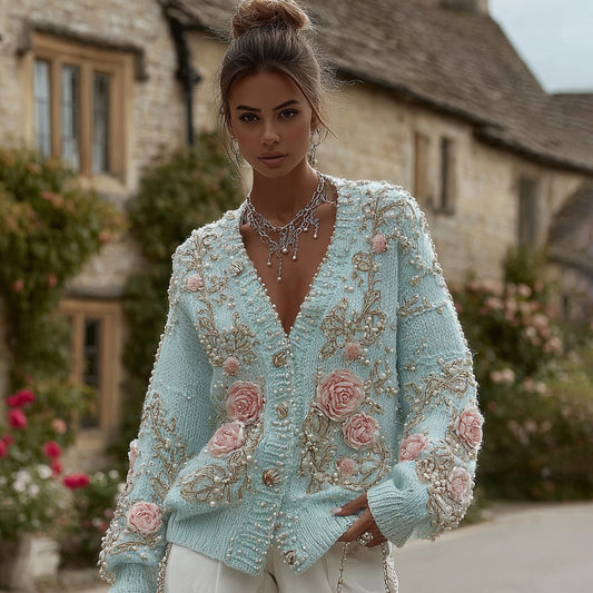 Women's Vintage Rose Pearl Embroidery Knitted Sweater Cardigan artswardrobe