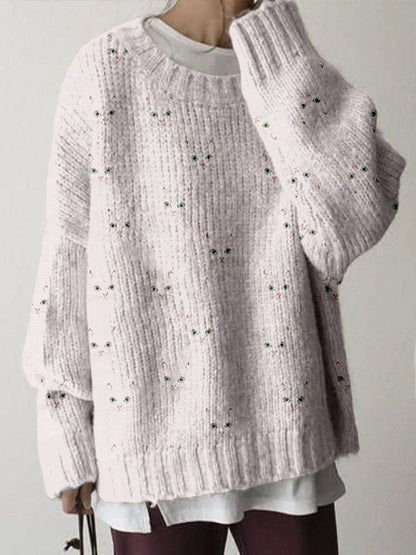 Cute Cat Face Pattern Crew Neck Comfy Sweater elevenforest