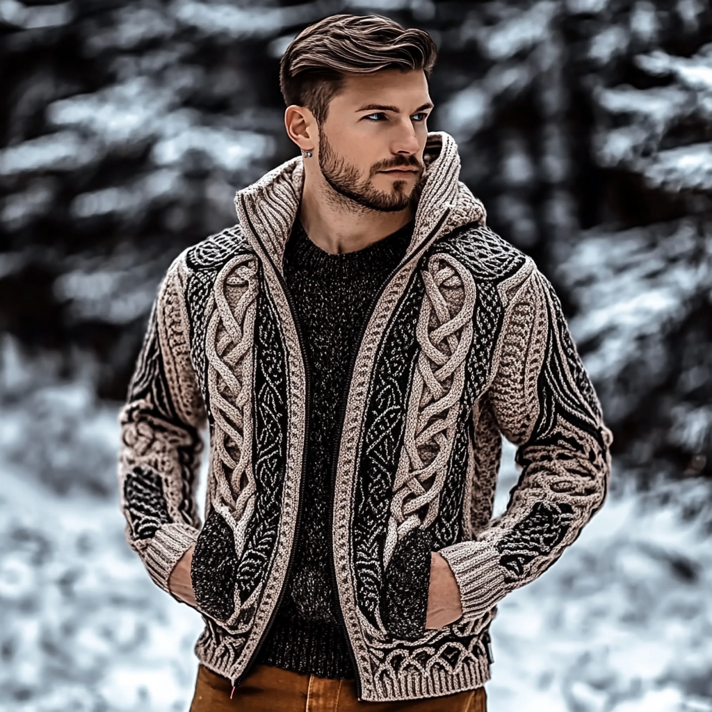 Men's Viking Tribal Jacquard Celtic Chunky Knit Hooded Cardigan elevenforest