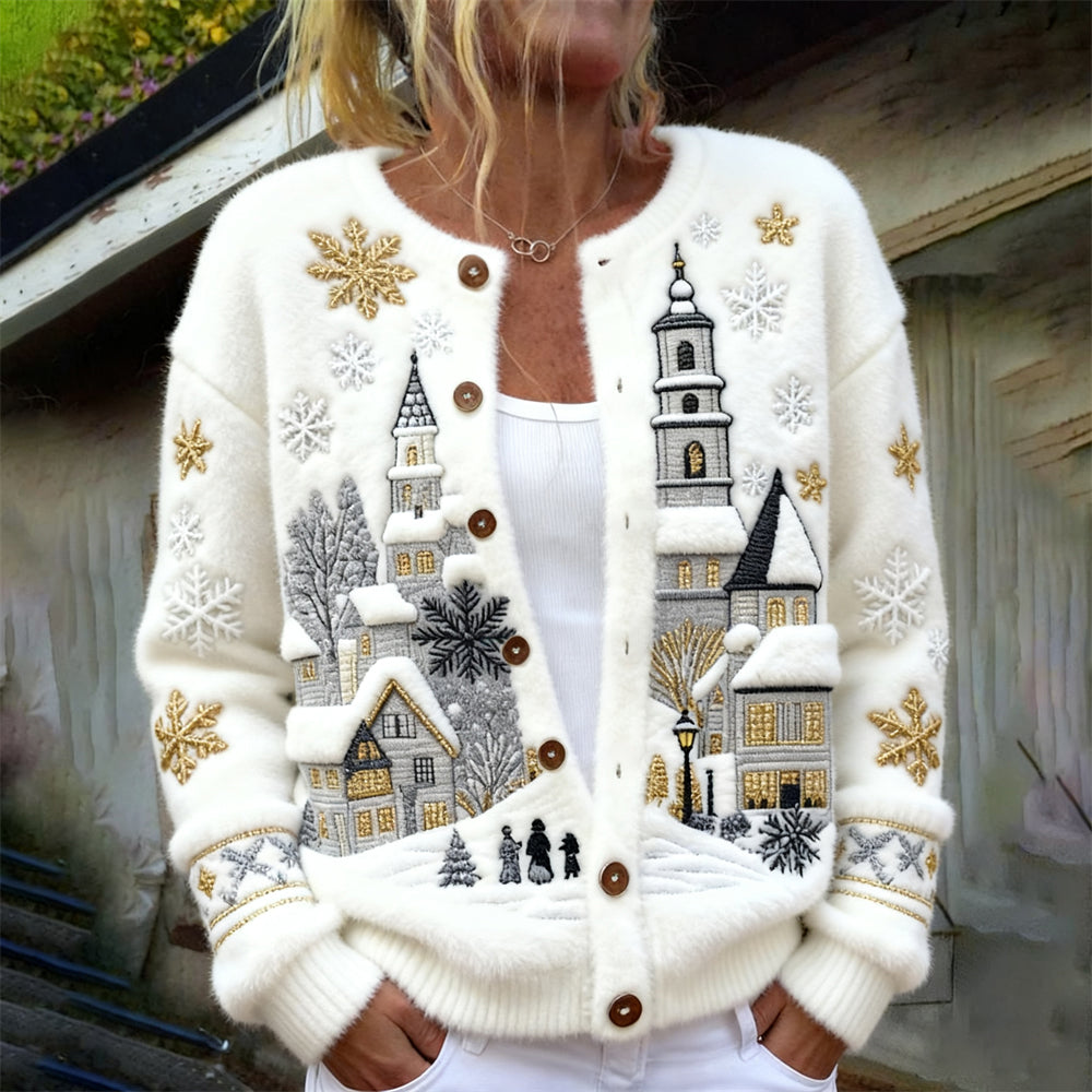 Christmas Snow Scene Embroidered Women's Cozy Plush Cardigan
