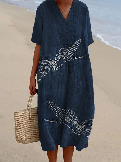Comstylish Cranes Japanese Sashiko Embroidered Linen Blend Dress