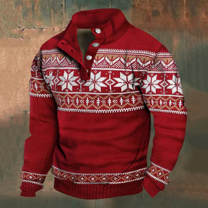Comstylish Men's Christmas Snowflake Pattern Stand Collar Button Sweatshirt