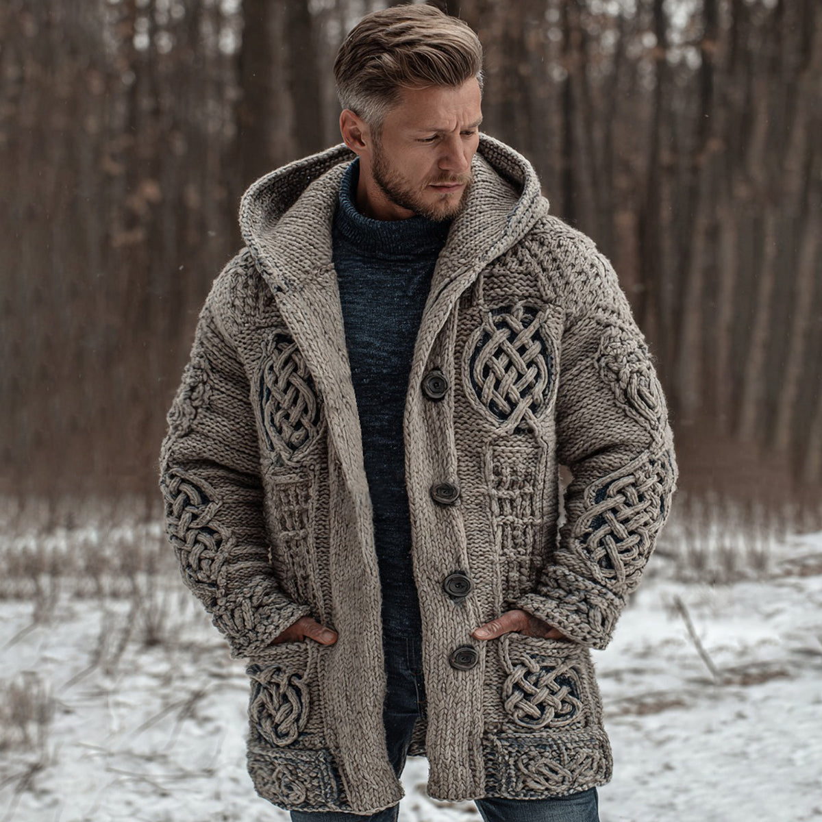 Men's Viking Celtic Knot Jacquard Button Down Hooded Knitted Cardigan artswardrobe