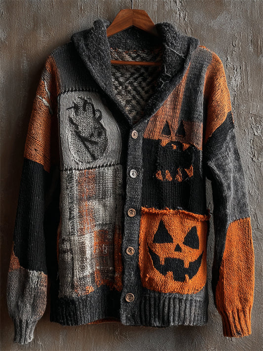 Halloween Pumpkin Face Plaid Colorblock Patchwork Cozy Knit Hooded Cardigan elevenforest