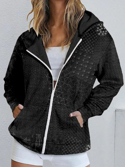 Comstylish Japanese Traditional Sashiko Art Zip Up Hoodie