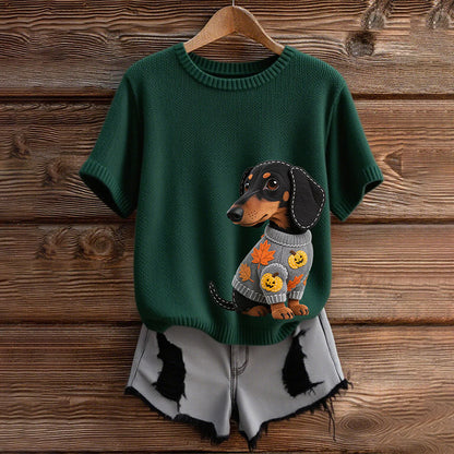 Classic Autumn Dachshund With Felt In Autumn Inspired Embroidered Short Sleeve Cozy Knit Sweater elevenforest